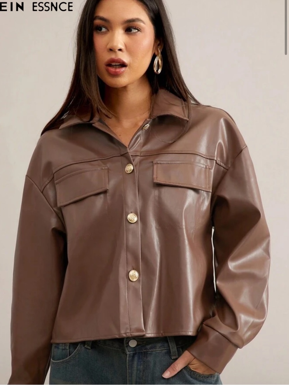 SHEIN Brown Faux Leather Button-Front Jacket